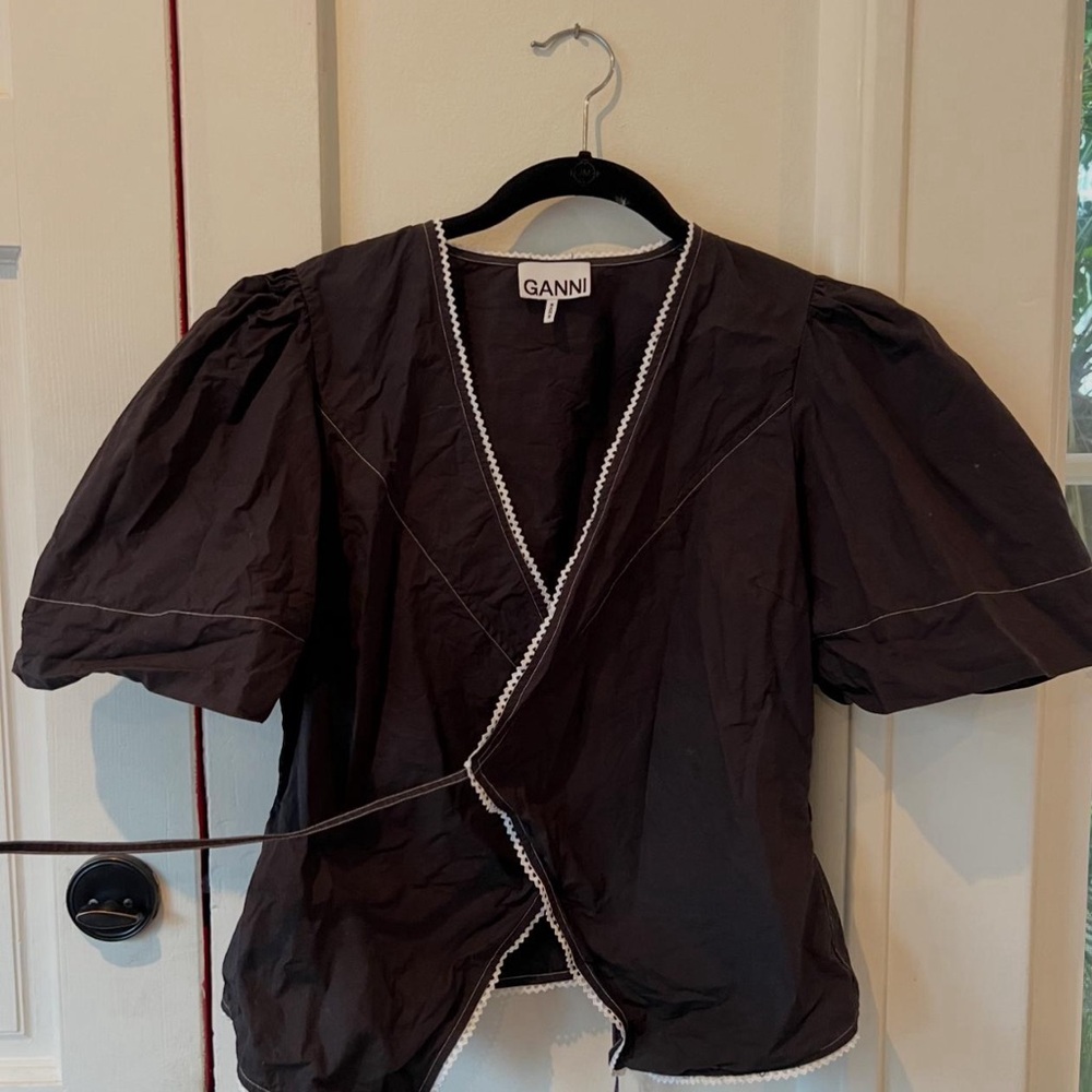 Ganni Black Puff Sleeved Top